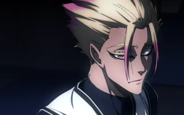 HD anime desktop wallpaper featuring Shidou Ryusei from Blue Lock with intense eyes and striking hair against a dark background.