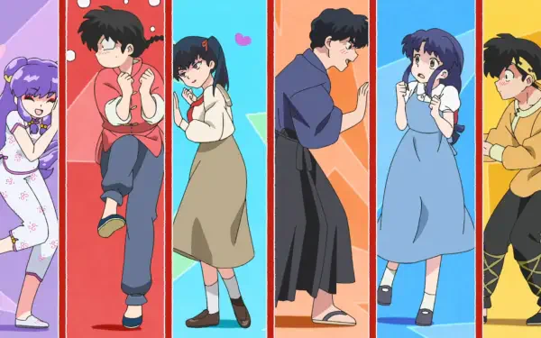 HD PC desktop wallpaper featuring colorful, vibrant characters from the anime Ranma ½, each posed dynamically against distinct, bright vertical panels.