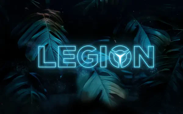 A vibrant HD desktop wallpaper featuring neon blue text spelling LEGION, set against a backdrop of dark, lush leaves, representing Lenovo's technology theme.