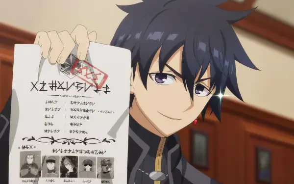 Anime-inspired HD wallpaper titled Let This Grieving Soul Retire! featuring a character holding a document with various images, expressing a confident demeanor.