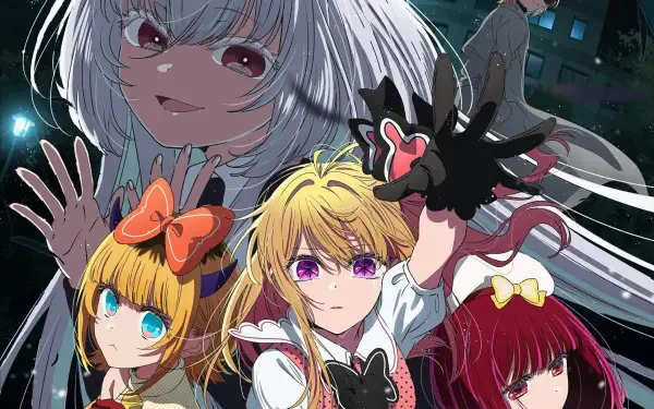 HD PC desktop wallpaper featuring anime characters Ruby Hoshino, Kana Arima, and Mem-Cho from Oshi no Ko in a dynamic nighttime scene.