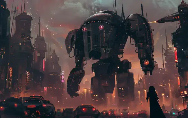 A stunning 4K Ultra HD sci-fi wallpaper featuring a towering mech amidst a vibrant futuristic cityscape, with a silhouette standing before the impressive structure at dusk.
