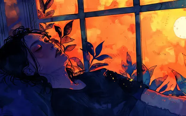 A serene woman relaxes by a window, bathed in warm sunset hues, surrounded by lush foliage, capturing the essence of chill lofi vibes in vibrant 4K Ultra HD detail.