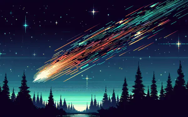 A vibrant meteor streaks across a starry night sky, illuminating a serene landscape of pine trees and water, captured in stunning 4K Ultra HD quality for an atmospheric background.