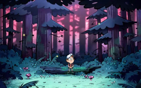 Dipper Pines stands in a mystical forest from the TV show Gravity Falls, surrounded by towering trees and glowing elements, captured in stunning 4K Ultra HD detail.