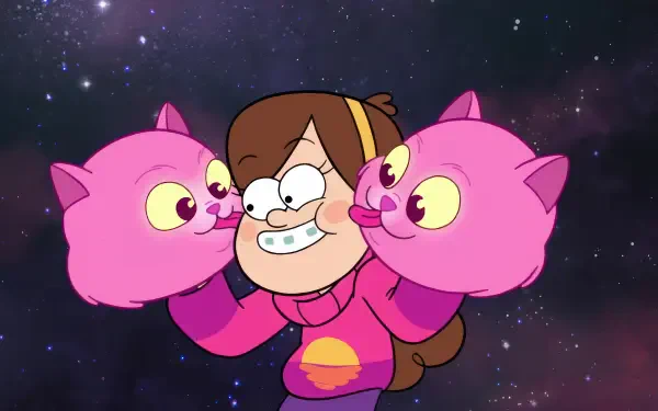 Mabel Pines from the TV show Gravity Falls balances two fluffy pink creatures on her hands, smiling joyfully against a cosmic background in this vibrant 4K Ultra HD wallpaper.