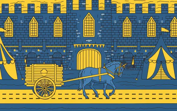 4K Ultra HD illustration of a medieval castle scene featuring a horse pulling a wooden cart along a cobblestone path with tents in the background.