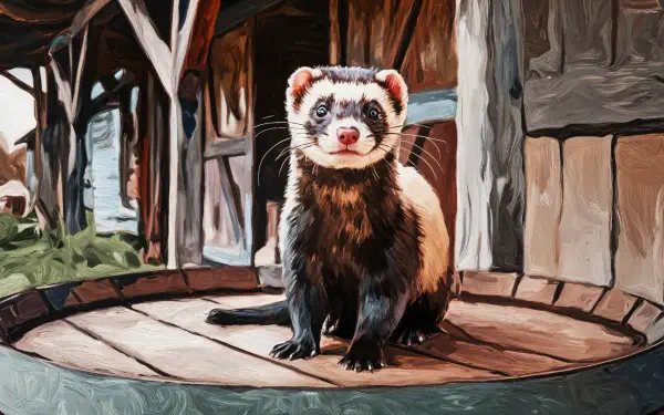 A charming ferret sits on a wooden surface, surrounded by a rustic backdrop, featured as a vibrant 4K Ultra HD PC desktop wallpaper and background.