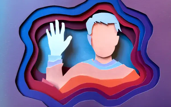 A stylized figure with an outstretched hand waves, set against a vibrant, layered background. This 4K Ultra HD image serves as a striking desktop wallpaper.