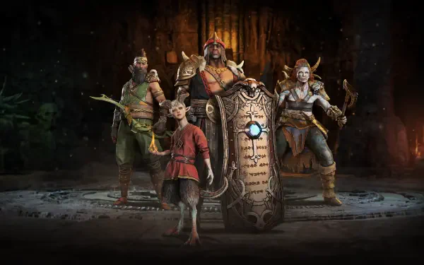 A striking 4K Ultra HD wallpaper featuring characters from Diablo IV, showcasing a diverse group of warriors ready for battle in a dark, immersive setting.