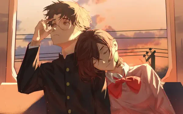 Anime HD desktop wallpaper featuring Momo Ayase resting her head on Ken Takakura from Dandadan, bathed in warm sunset light.