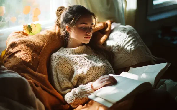 A woman in a cozy knitted sweater reads a book while nestled in warm blankets, bathed in soft autumn light, creating a serene and inviting atmosphere. 4K Ultra HD desktop wallpaper.