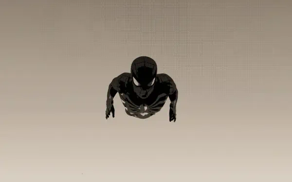 4K Ultra HD wallpaper of a halftone-style Spider-Man in a black suit, viewed from above against a neutral background for PC desktop use.