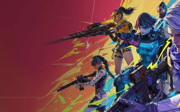 A dynamic HD wallpaper featuring characters from the video game FragPunk, showcasing a diverse group of heroes armed and ready for battle against a vibrant backdrop.