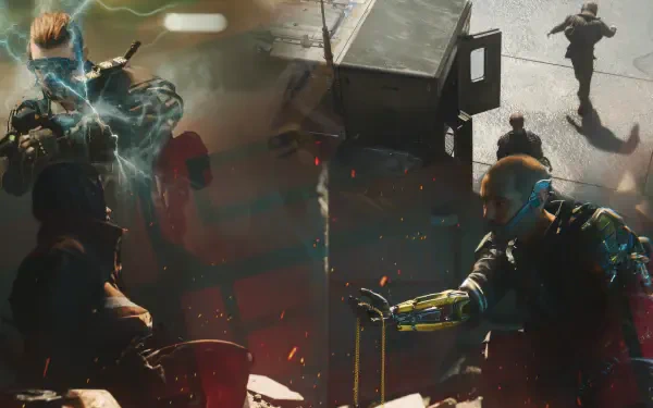 Dynamic HD wallpaper from the video game Off The Grid, featuring intense action scenes with characters, futuristic elements, and a gritty urban backdrop.