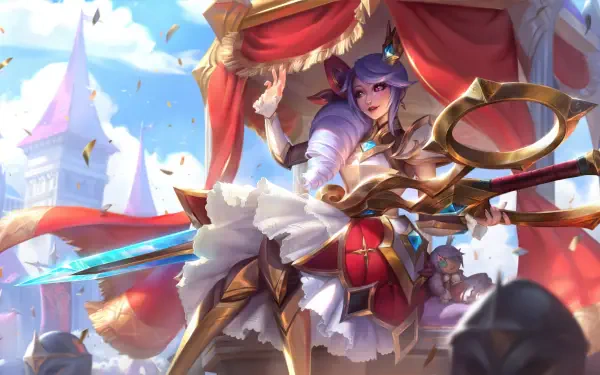 An 8K Ultra HD wallpaper featuring Gwen from League of Legends, showcasing her vibrant character design in a colorful, festive setting.