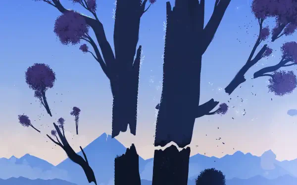 A vibrant HD wallpaper featuring striking silhouettes of trees against a gradient sky, inspired by the video game Neva, emphasizing a mystical landscape.