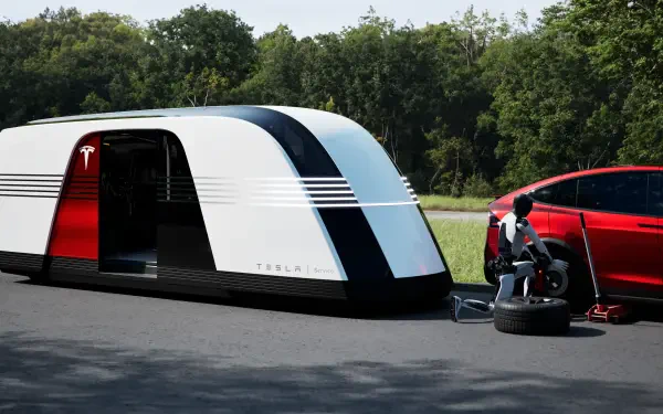 A sleek Tesla robovan is parked alongside a red Tesla vehicle, set against a lush green backdrop, showcasing innovative design in 4K Ultra HD. Perfect desktop wallpaper.
