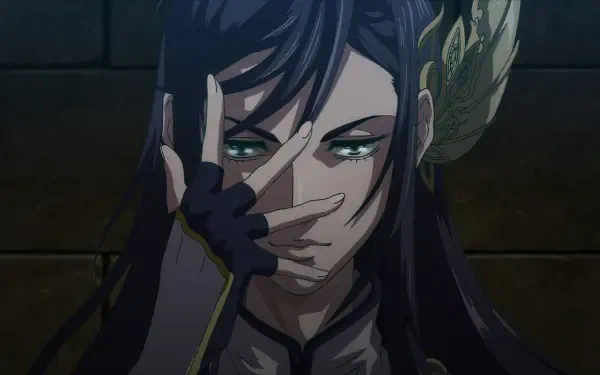 Anime-inspired scene from Record of Ragnarok, showcasing a character with long hair and striking green eyes, framed dramatically against a dark backdrop. HD desktop wallpaper and background.