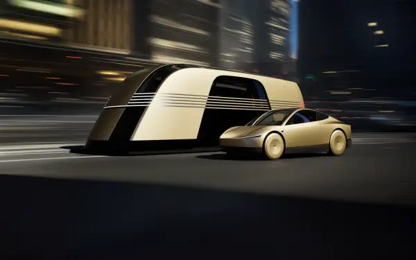 A futuristic Tesla robovan and robotaxi are showcased in this stunning 4K Ultra HD wallpaper, set against a dynamic city backdrop.