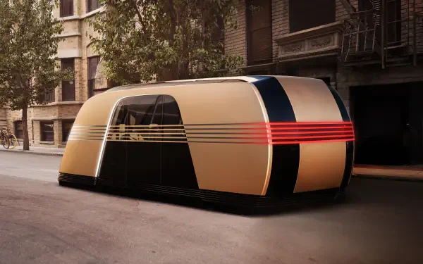 A futuristic Tesla robovan features a sleek, modern design with a striking gold and black color scheme, illuminated by red accents, set against an urban backdrop in this 8K Ultra HD wallpaper.