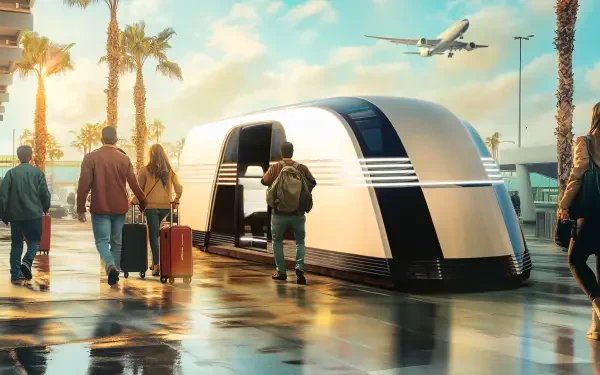 A sleek Tesla robovan stands at an airport, surrounded by travelers carrying luggage, with palm trees and an airplane in the background, all depicted in vibrant 4K Ultra HD detail.