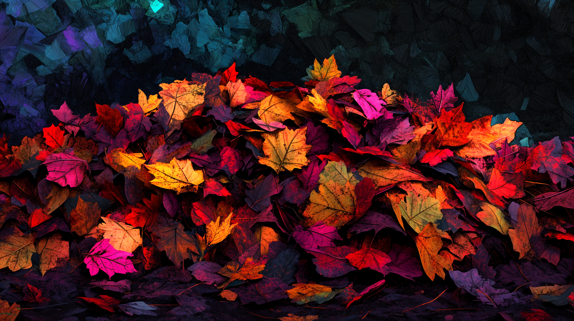 A vibrant pile of autumn leaves in shades of red, orange, and yellow set against a dark background, captured in stunning 4K Ultra HD quality for a striking desktop wallpaper.