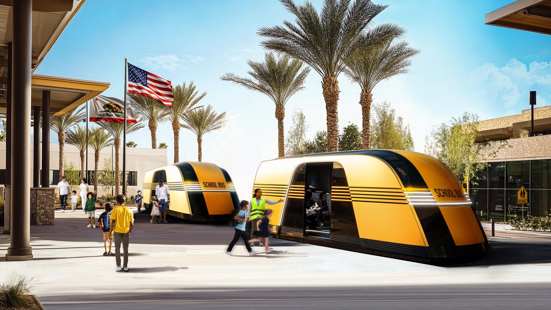 A futuristic Tesla robovan design, featuring sleek, yellow exteriors, stands alongside palm trees and flags, creating a vibrant urban scene in this stunning 4K Ultra HD wallpaper.