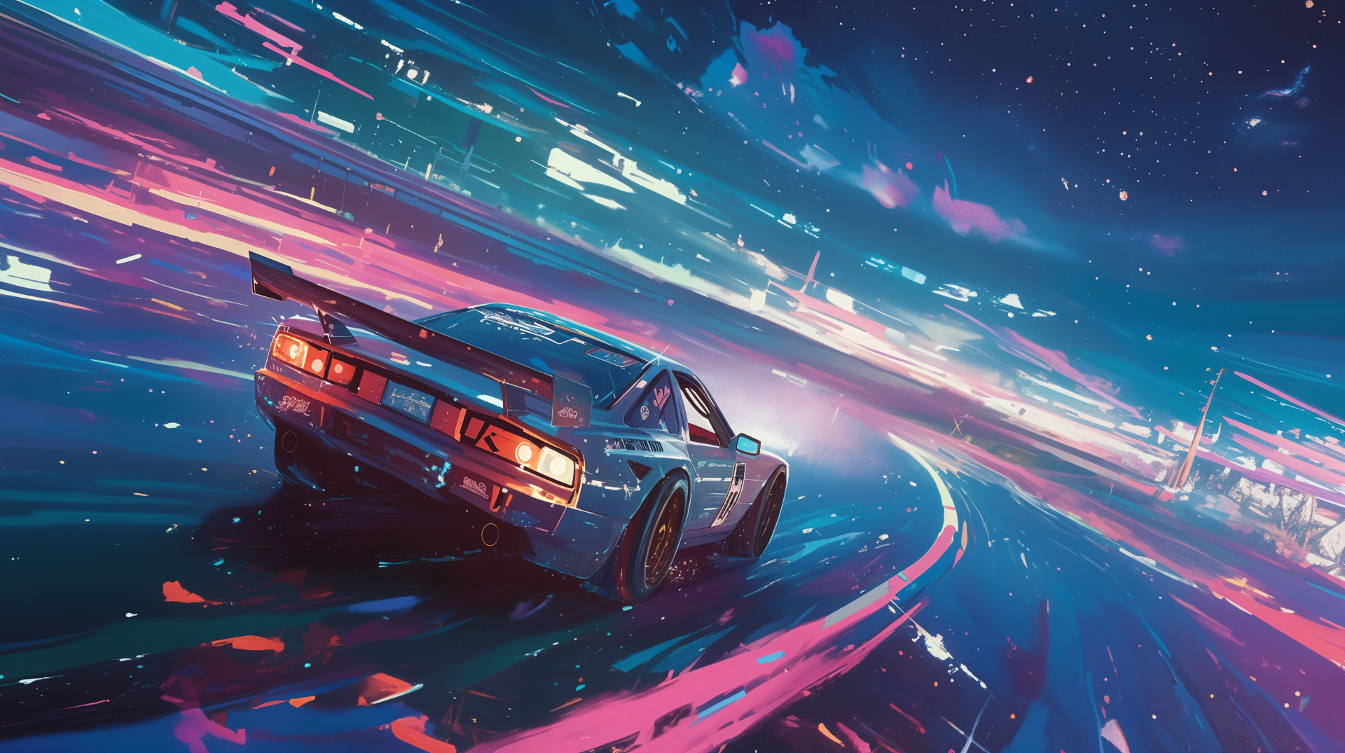 Anime-style racing car speeds along a neon-lit track under a starry sky, captured in vibrant 4K Ultra HD for a dynamic PC desktop wallpaper.