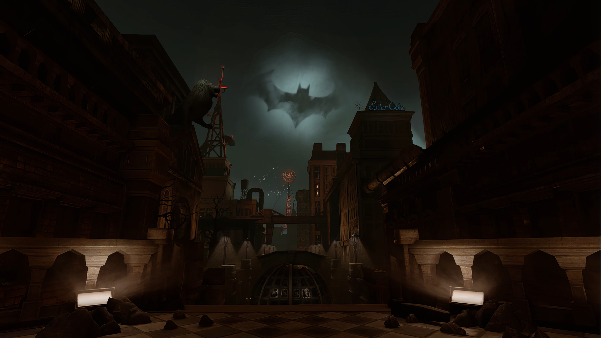 A dramatic HD wallpaper from the video game Batman: Arkham Shadow features Gotham's skyline illuminated by a shadowy bat symbol against a darkened sky.