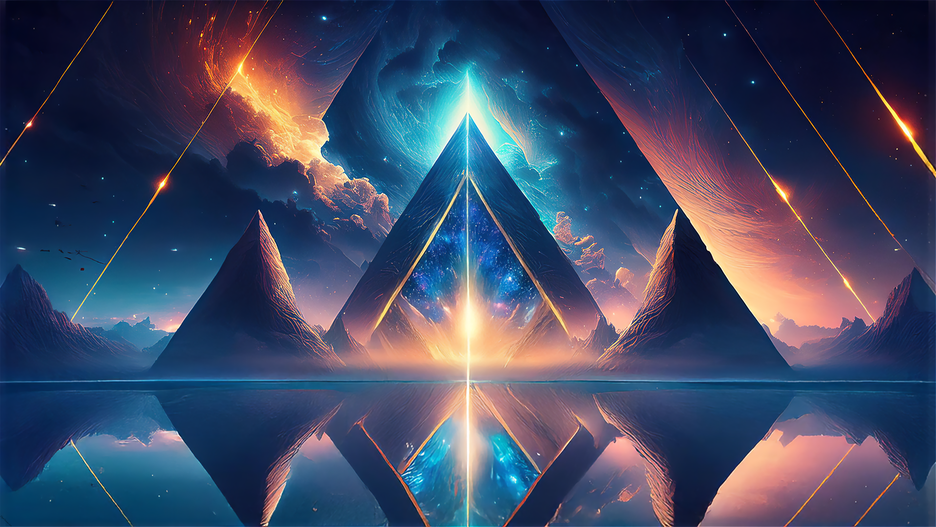 A 4K Ultra HD abstract fantasy landscape featuring glowing pyramids under a cosmic sky, blending artistic elements with a surreal space atmosphere.