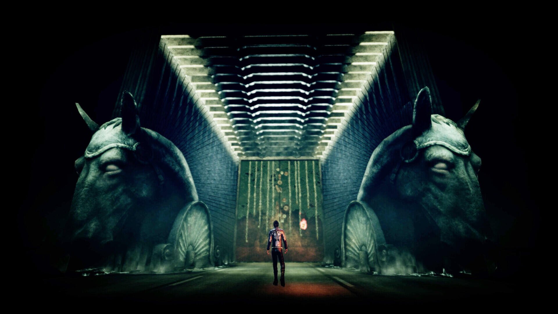 A dark and atmospheric HD wallpaper from the video game Shadow Of The Damned: Hella Remastered, featuring a lone character facing towering stone sculptures in a mysterious environment.