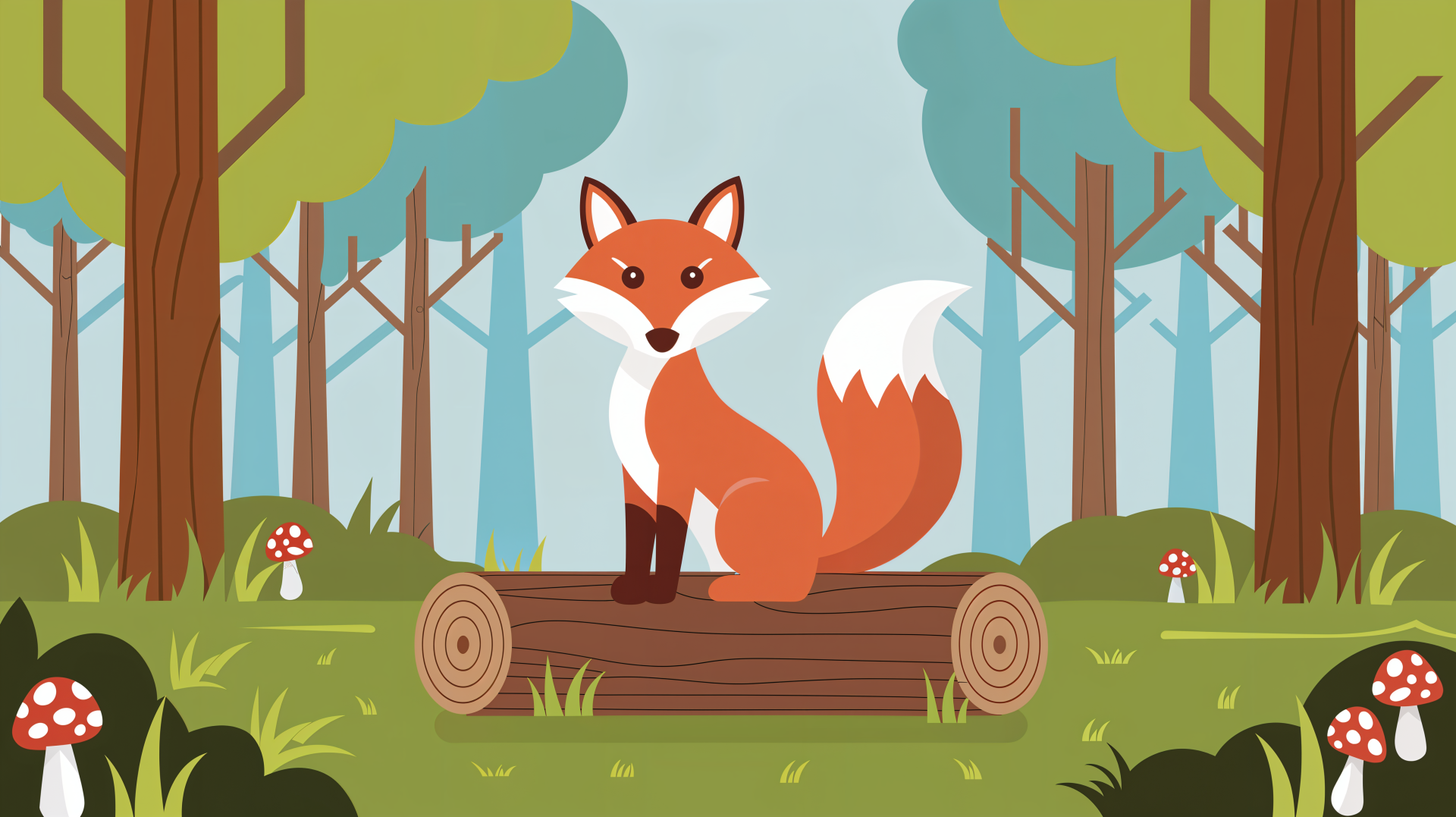 Cartoon fox sitting on a log in a vibrant forest, surrounded by woodland trees and mushrooms, rendered in 4K Ultra HD for a wildlife-themed PC desktop wallpaper.