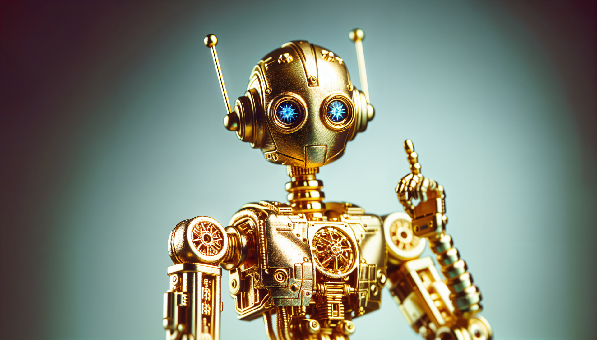 A detailed and vibrant 4K Ultra HD PC desktop wallpaper featuring a robotic figure with golden accents and blue glowing eyes, striking a playful pose against a gradient background.