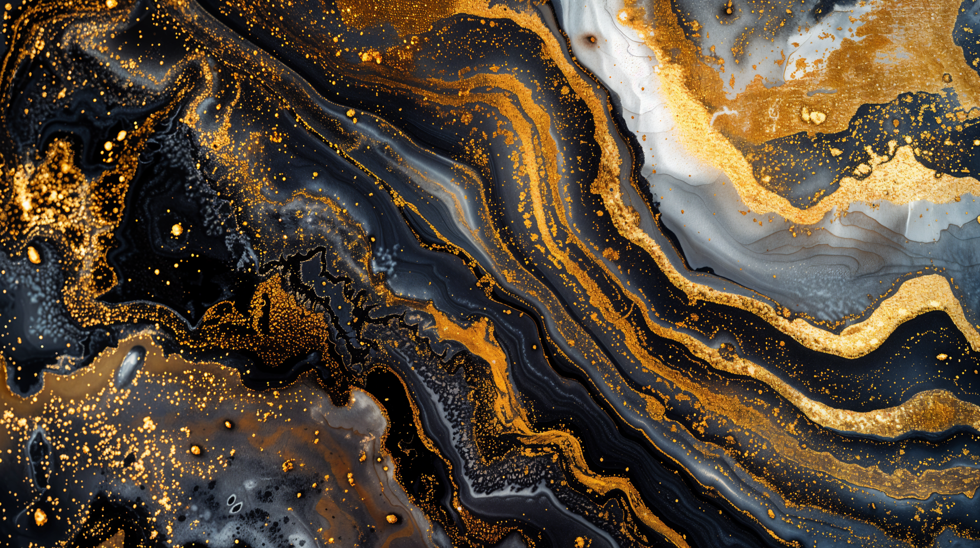 Abstract 4K Ultra HD desktop wallpaper featuring a striking black marble texture with flowing gold accents and intricate patterns.