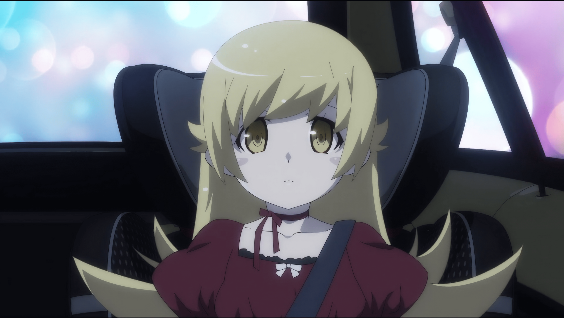 A vibrant 4K Ultra HD desktop wallpaper featuring Shinobu Oshino from the Monogatari series, showcasing her distinctive blonde hair and captivating gaze.
