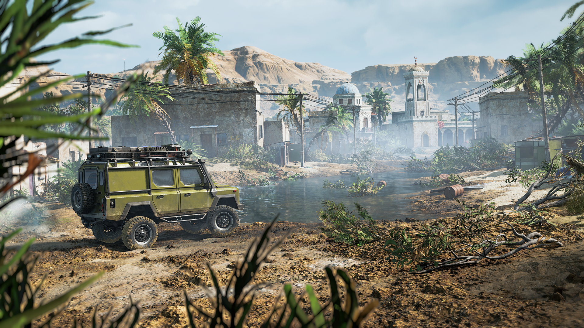 A rugged green off-road vehicle drives through a lush, misty landscape surrounded by palm trees and weathered buildings, capturing the adventurous spirit of RoadCraft in this HD wallpaper.