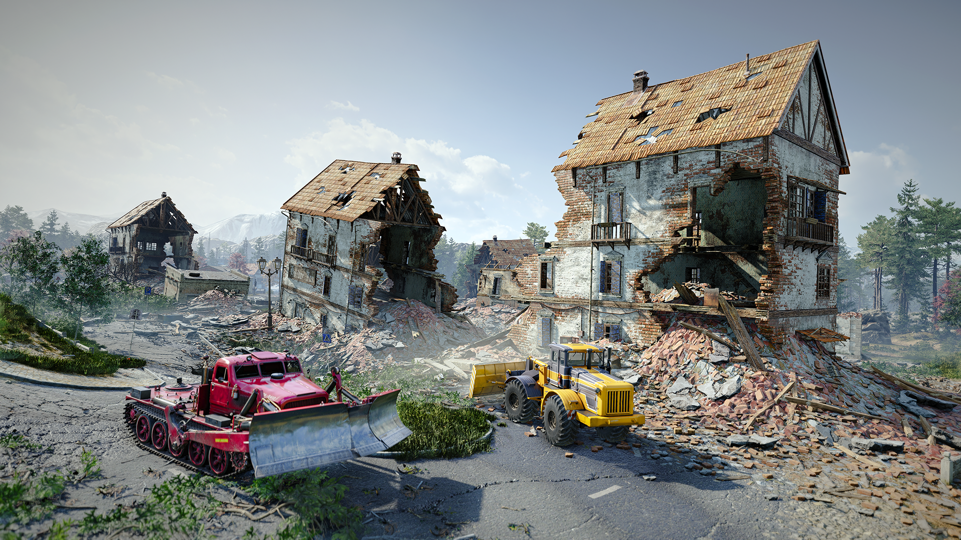 A detailed HD wallpaper from the video game RoadCraft, featuring demolished buildings and construction vehicles amidst a desolate landscape.