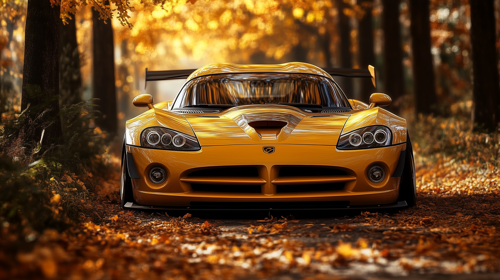 Yellow Dodge Viper GTS sports car front view on a leaf-strewn forest road, Dodge vehicle in vivid autumn tones, 2K Quad HD PC desktop wallpaper background.
