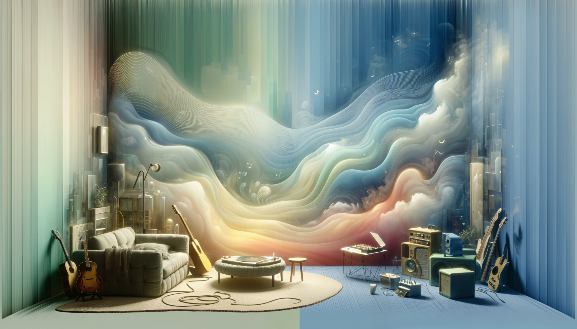 A serene, modern room with a cozy sofa, instruments, and abstract, colorful waves in the background, embodying a chill lofi vibe. A visually striking 4K Ultra HD desktop wallpaper.