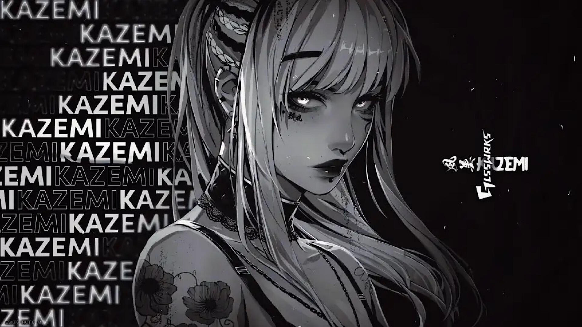 HD PC desktop wallpaper: monochrome anime-style girl with long hair, teary eyes and floral tattoo, repeated KAZEMI text in the background, high-contrast noir aesthetic.