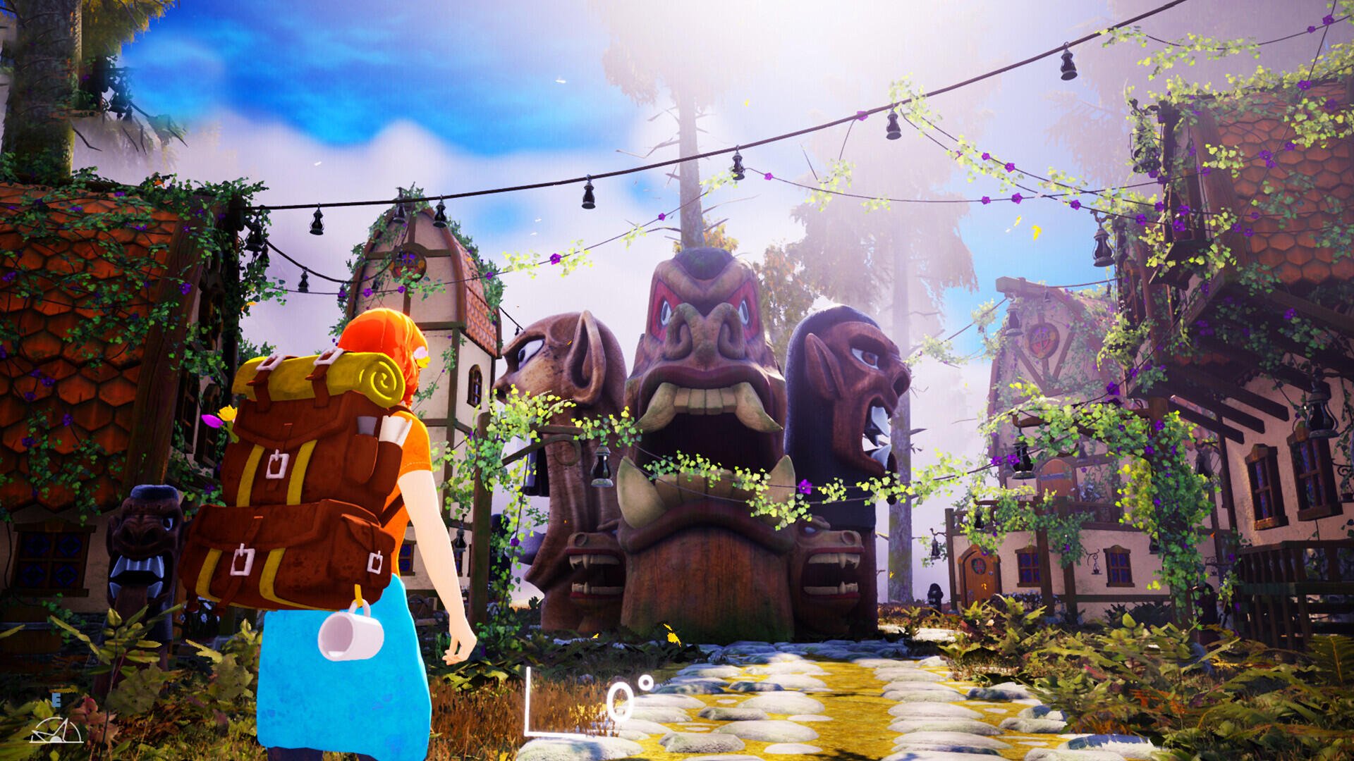 A character exploring a vibrant village adorned with mystical totems and greenery, set in a colorful landscape from the video game Albatroz. HD PC desktop wallpaper.