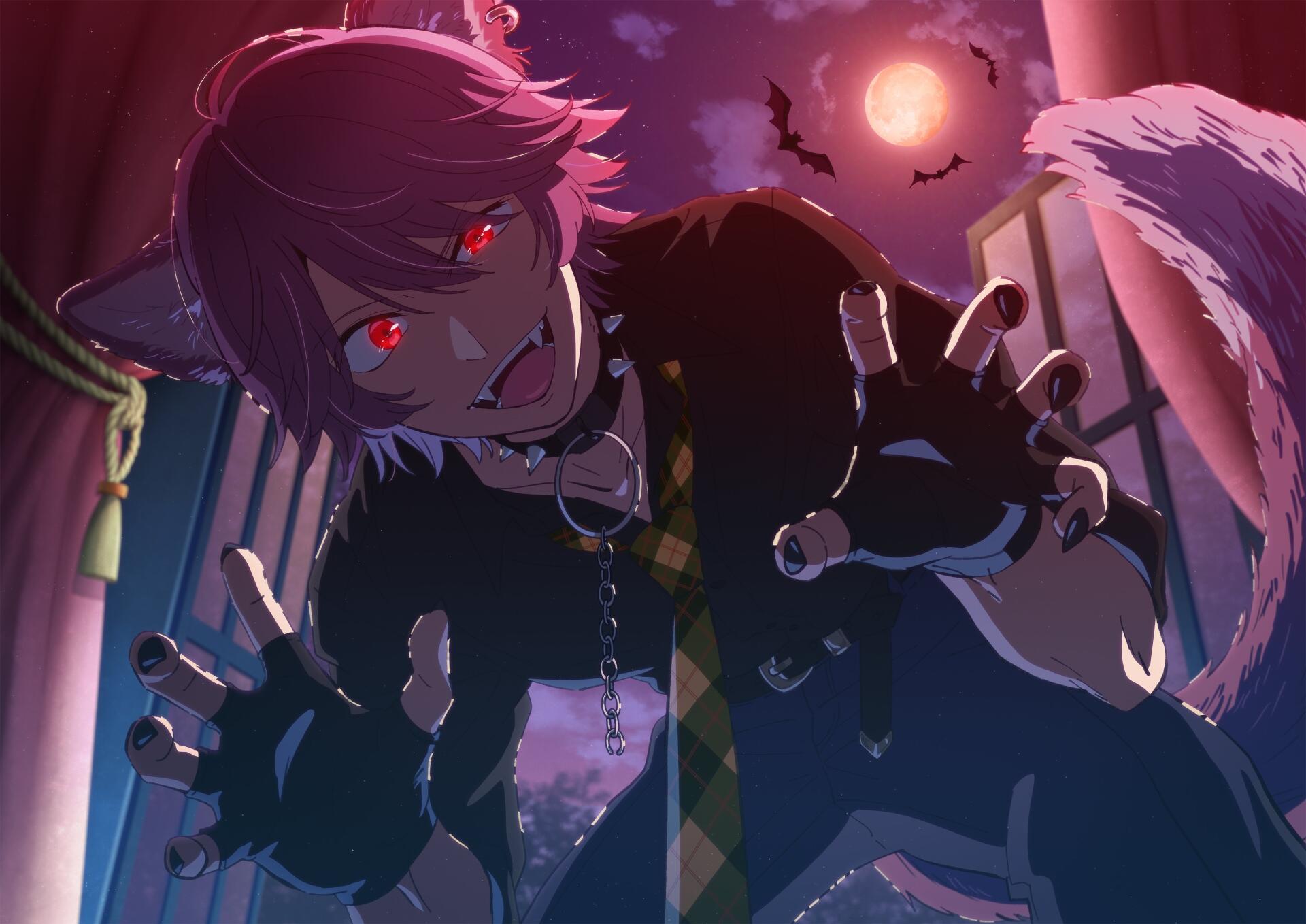 4K Ultra HD anime wallpaper from Oshi no Ko featuring a red-eyed character with horns and wings reaching forward under a moonlit sky.