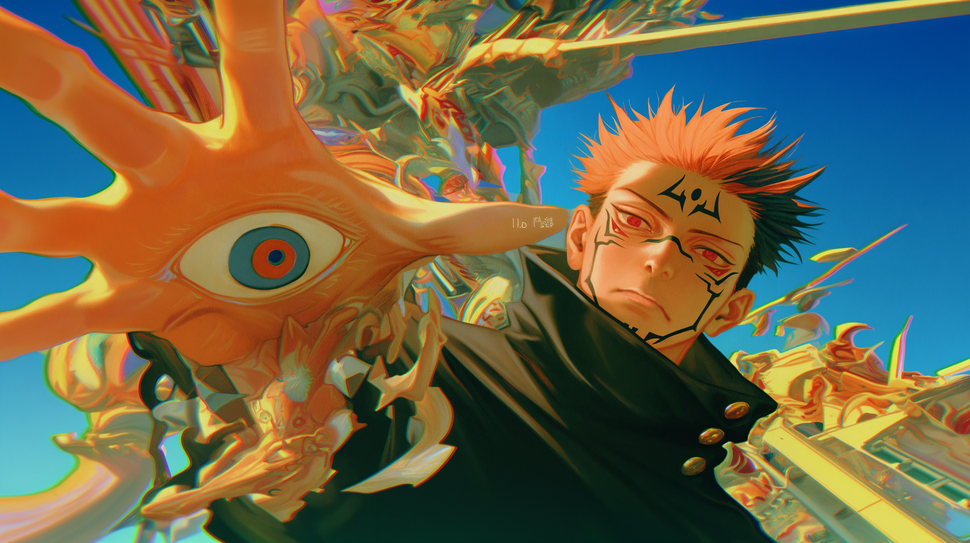 A vibrant 4K Ultra HD wallpaper featuring Sukuna from Jujutsu Kaisen, showcasing his fierce expression and striking design against an energetic background.