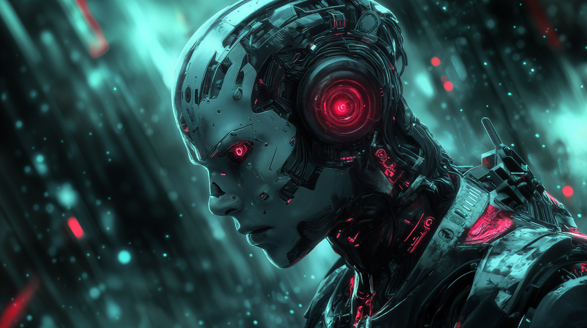 A striking Sci-Fi depiction of a robot amidst a vibrant, futuristic background, highlighting themes of AI uprising with intricate details and glowing elements in 4K Ultra HD.