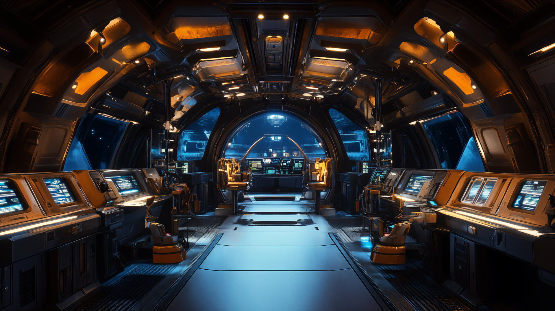 A sci-fi starship bridge featuring advanced control panels and ambient lighting, captured in stunning 4K Ultra HD, creates an immersive futuristic atmosphere.