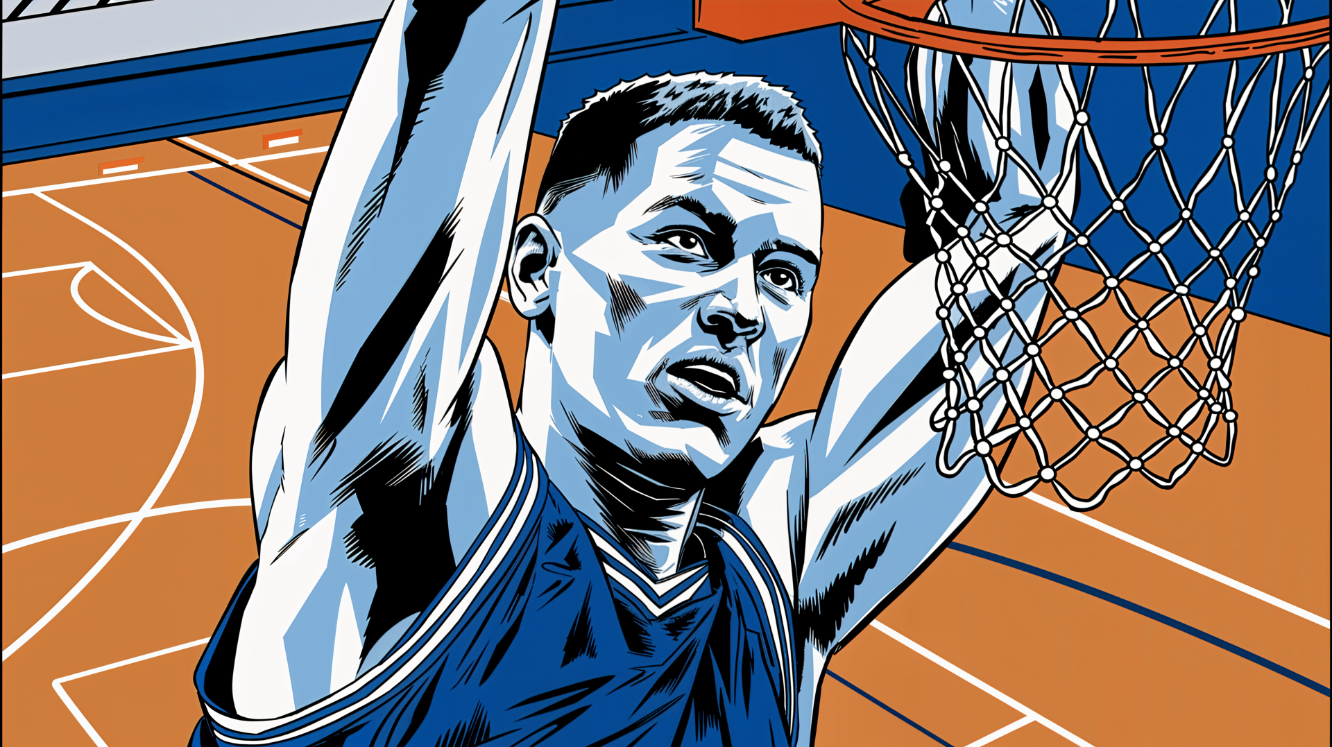 Illustration of a basketball player mid-dunk on a vibrant court, designed as a 4K Ultra HD PC desktop wallpaper capturing dynamic sports action.