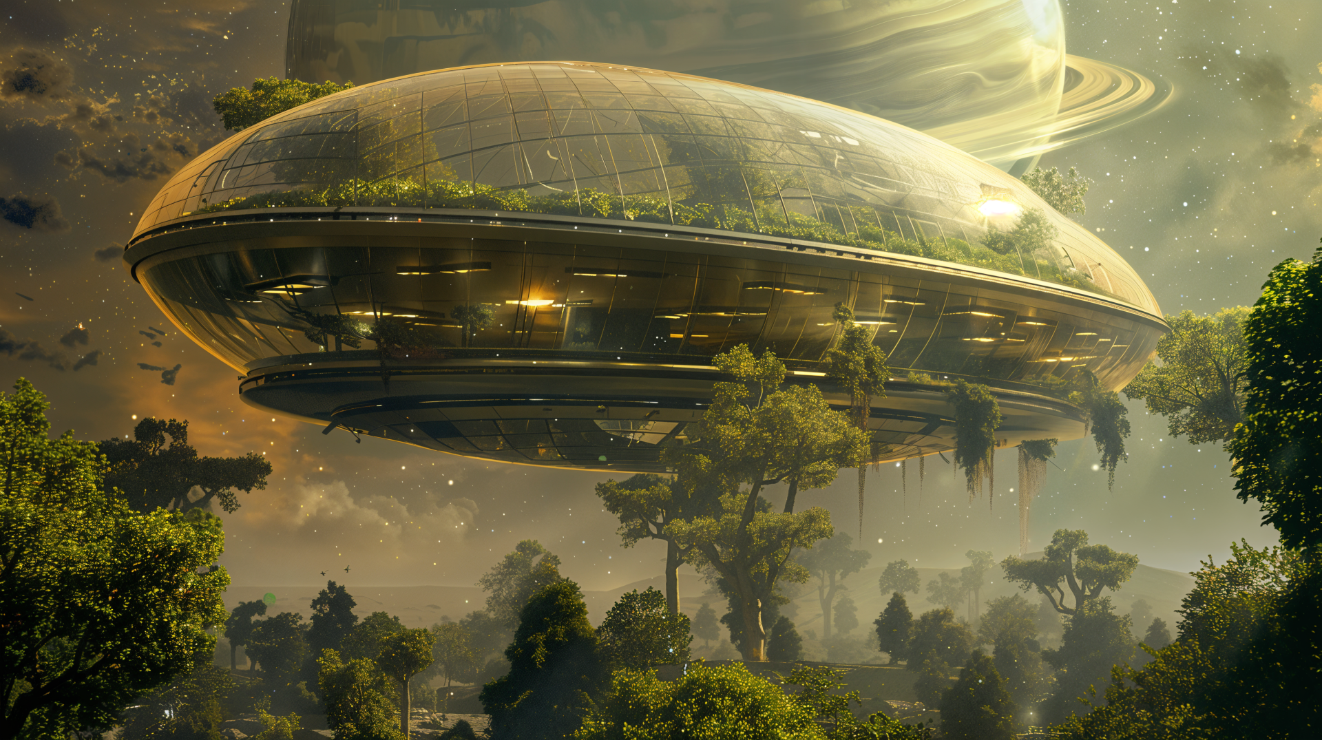 Futuristic floating city encased in a dome, surrounded by lush nature and a spaceship, set against a sci-fi backdrop with a ringed planet in 4K Ultra HD detail.