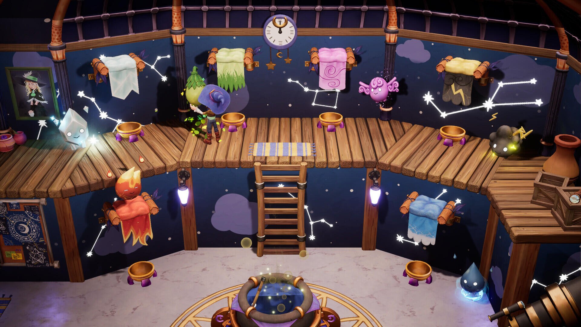 A whimsical scene from the video game Magical Bakery, featuring a colorful magical kitchen with floating fabrics, mystical creatures, and enchanting decor, set against a starry backdrop.