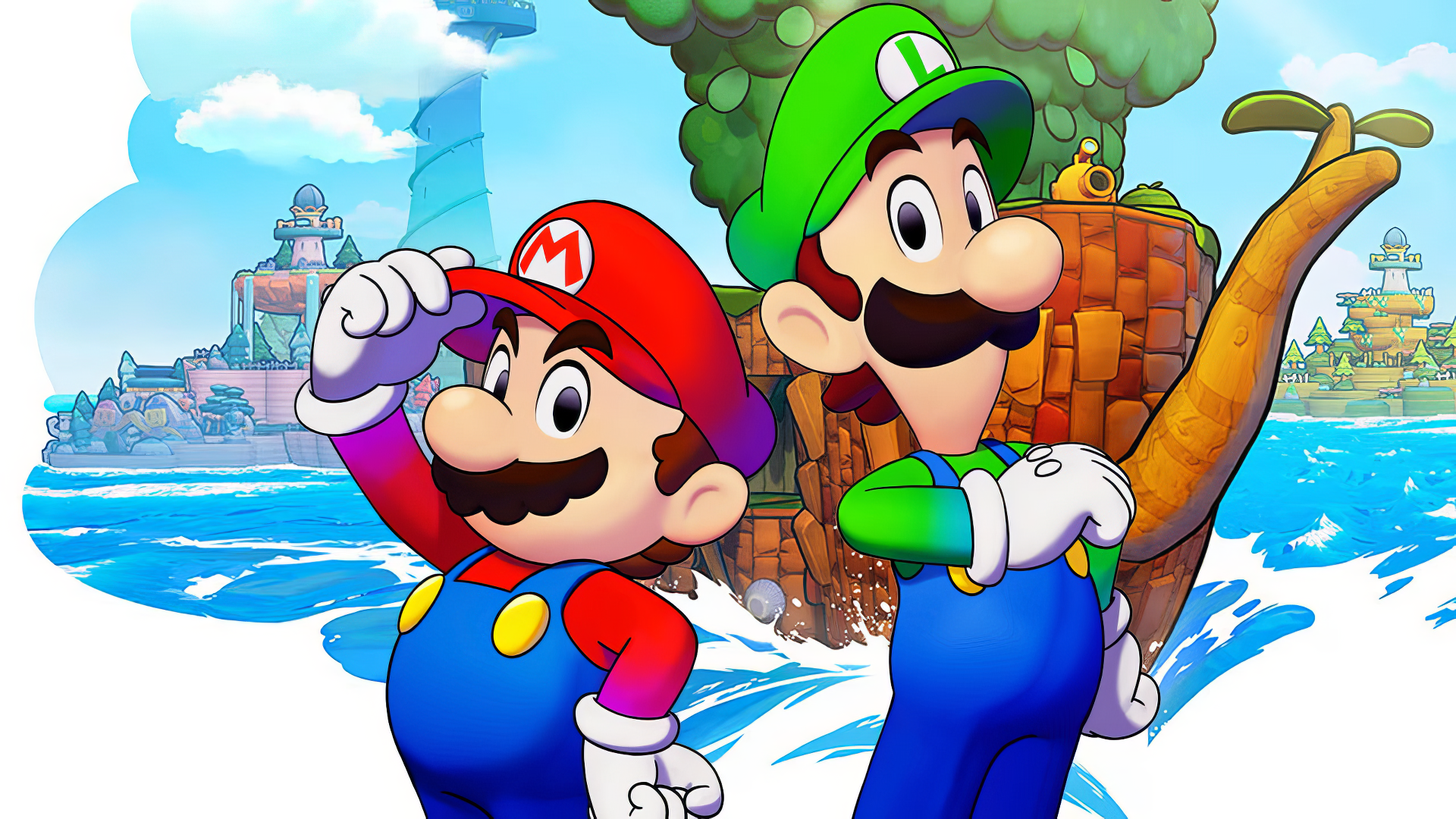 HD wallpaper featuring Mario and Luigi from the video game Mario & Luigi: Brothership, showcasing vibrant colors and a whimsical background of trees and water.
